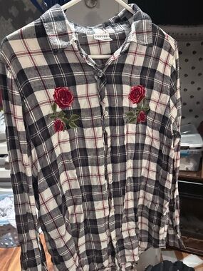 Empyre Black & White Plaid Shirt with Red Rose Embroidery